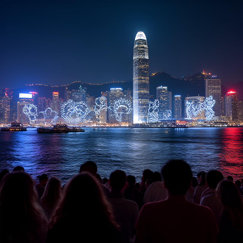 A photo of a recent drone light show in Hong Kong, featuring hundreds of drones forming iconic local symbols or characters against the backdrop of Victoria Harbour's buildings and lights, capturing the excitement of the viewing crowd.