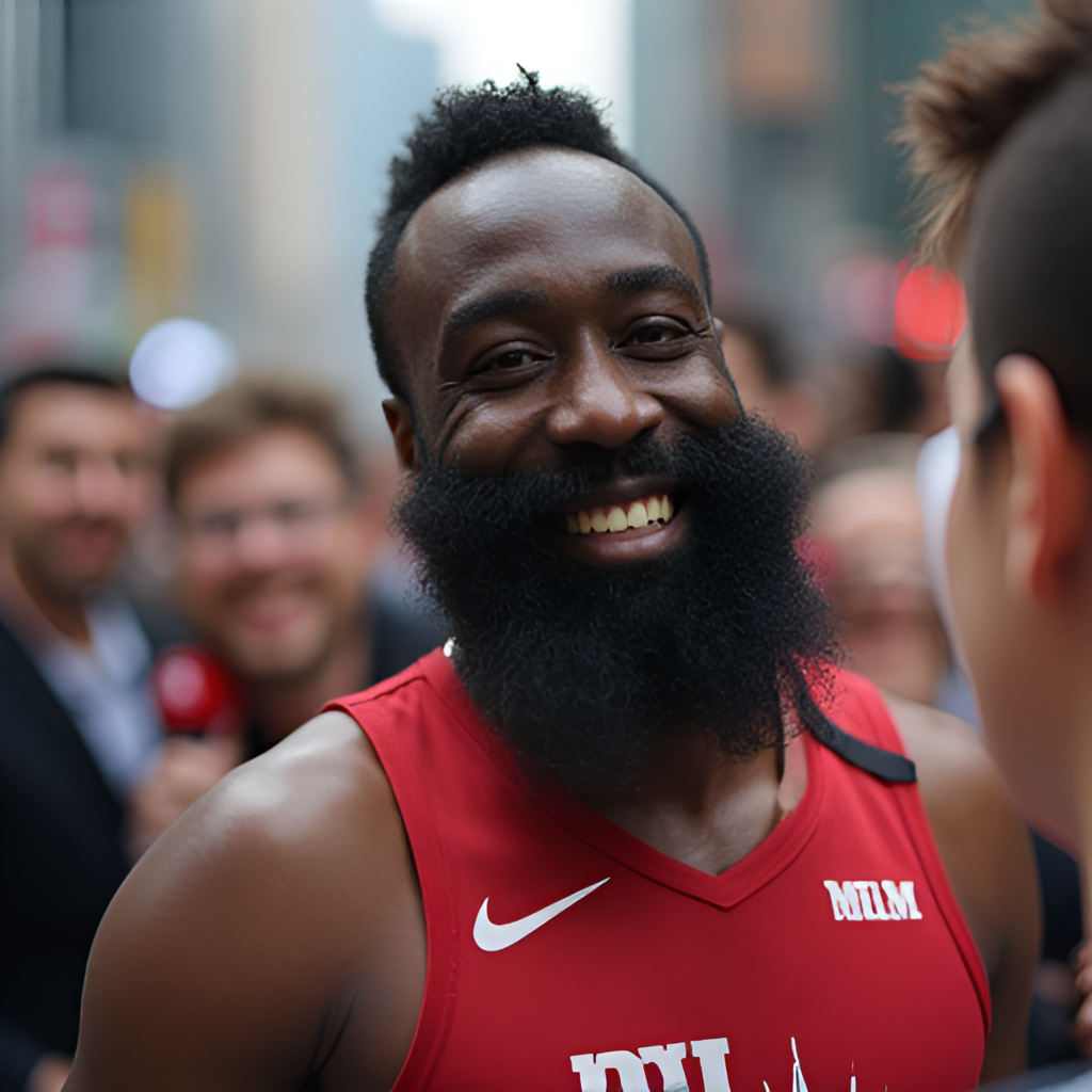 A portrait of James Harden smiling and interacting with fans during a public appearance in Hong Kong, showing his engagement off the court.