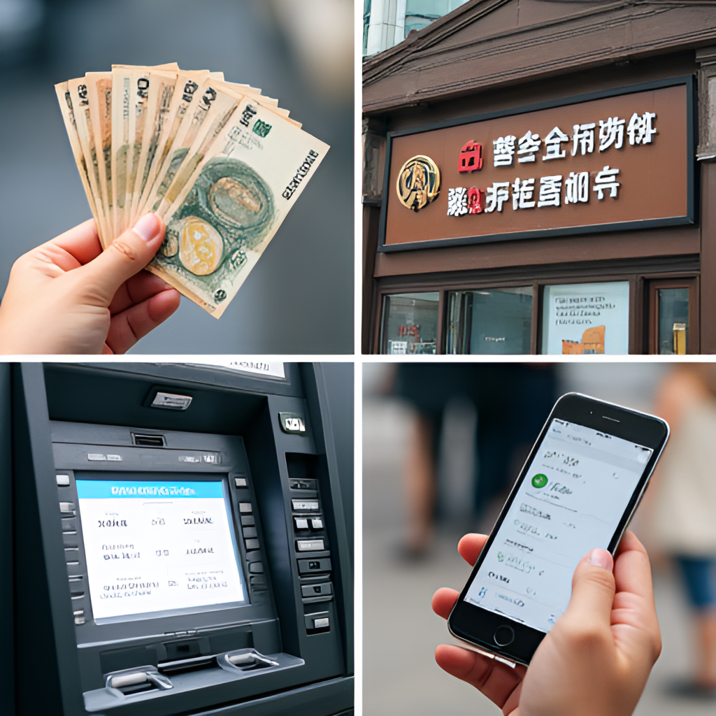 A collage of different methods for exchanging currency in Hong Kong, including a hand holding Japanese Yen banknotes, a sign for a money exchange shop, a bank ATM displaying currency options, and a person using a mobile banking app.