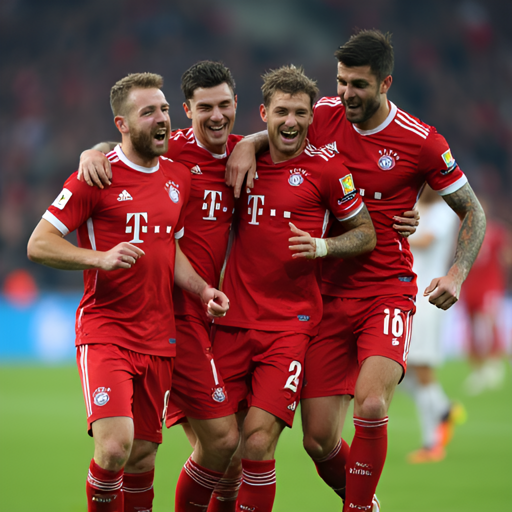 A dynamic action shot of Bayern Munich players celebrating a goal on the field, showing teamwork and passion, possibly featuring key players like Harry Kane or Thomas Müller