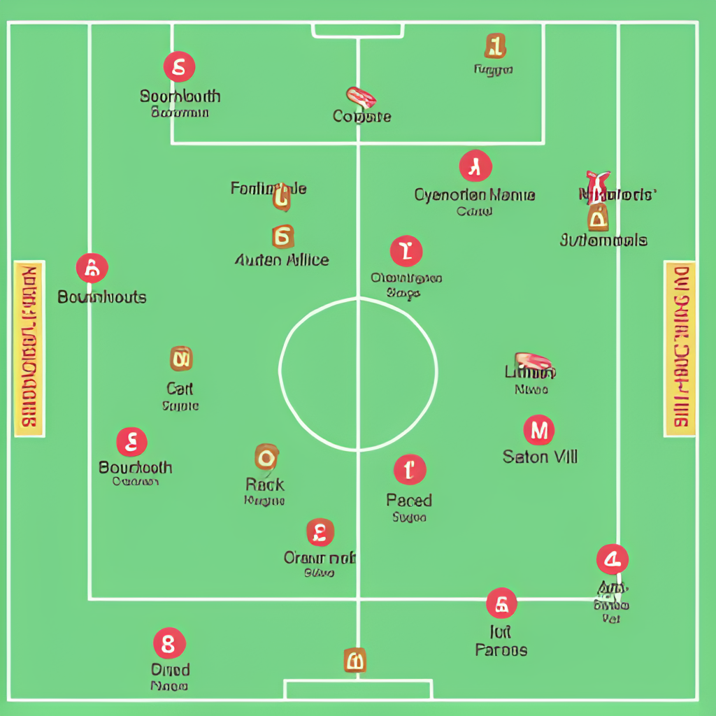 A tactical board showing football formations for two teams, representing Bournemouth and Aston Villa, with player markers and strategic lines, close-up view, clear and informative style
