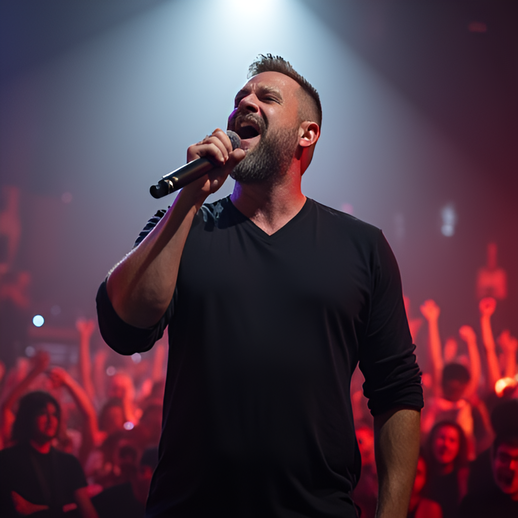 A man who resembles Dan James (占士丁丁) confidently singing on a brightly lit stage, holding a microphone, with a cheering audience in the background. The image should convey a sense of triumph and passion.