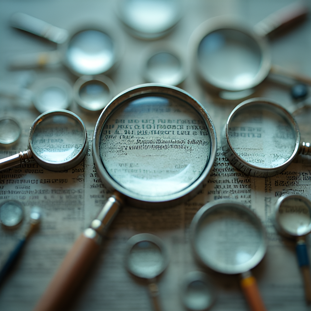 A collection of different magnifying glasses, each focusing on a small detail of a larger, slightly blurred image, symbolizing the process of examining multiple facts and perspectives to piece together the full truth.