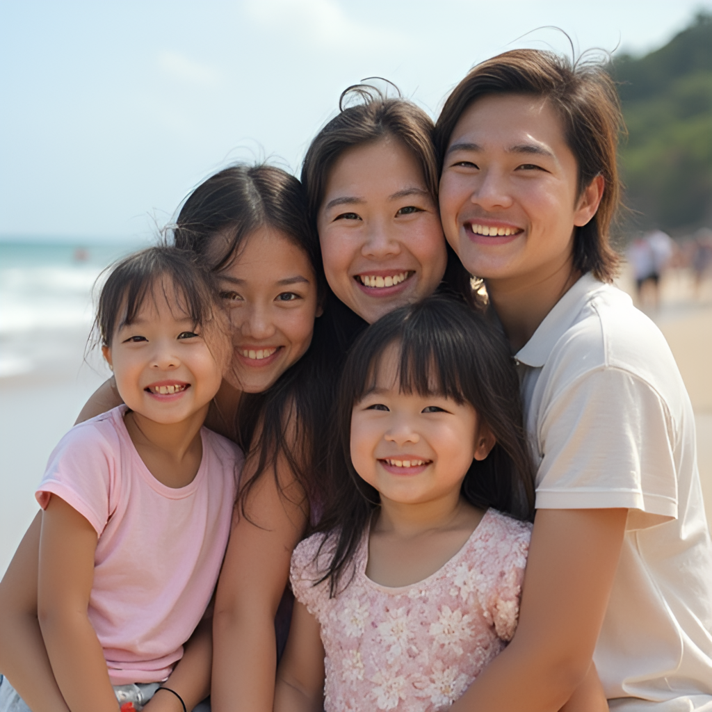 Christy Leung posing with her family (husband and three children) in a warm, candid moment during a family trip, showing their close bond.