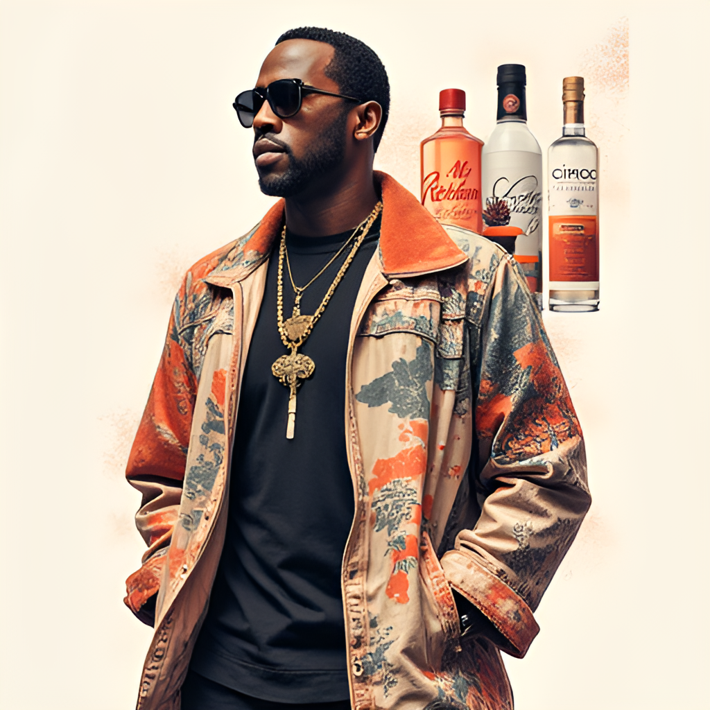 A split image or collage effect illustration showing key aspects of Diddy's business empire beyond music. One side could feature the Sean John clothing logo or imagery, while the other could show Cîroc bottles or the Revolt TV logo, representing his diversification into fashion, liquor, and media. The style should feel modern and entrepreneurial.