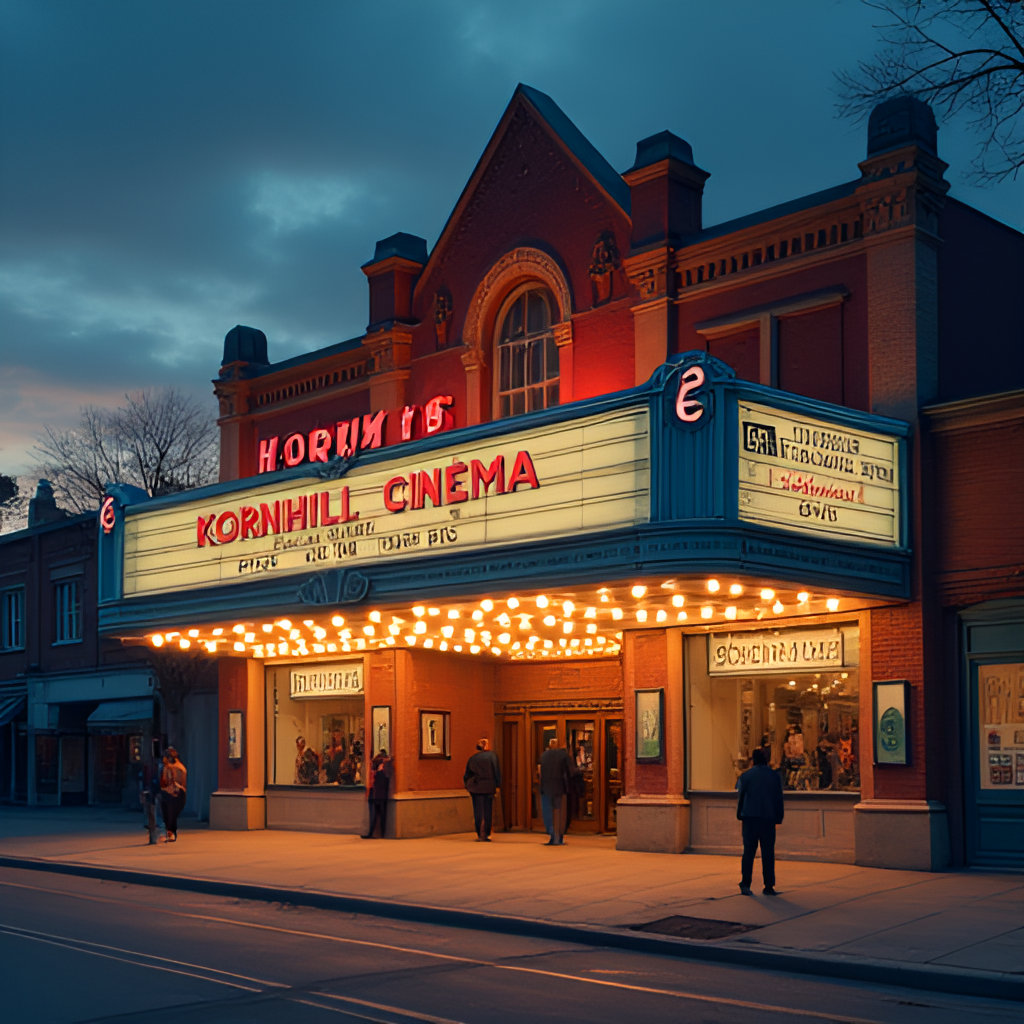 A nostalgic photograph-like illustration of the exterior of Kornhill Cinema at dusk, with glowing marquees and people entering, evoking a sense of cherished memories and the end of an era.