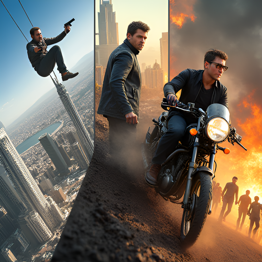 A visually appealing collage or split-screen image showcasing key moments or iconic imagery from different Mission: Impossible films, such as the wire hang from the first movie, the Burj Khalifa climb, the motorcycle chase, and a team shot of Ethan Hunt and his IMF crew.