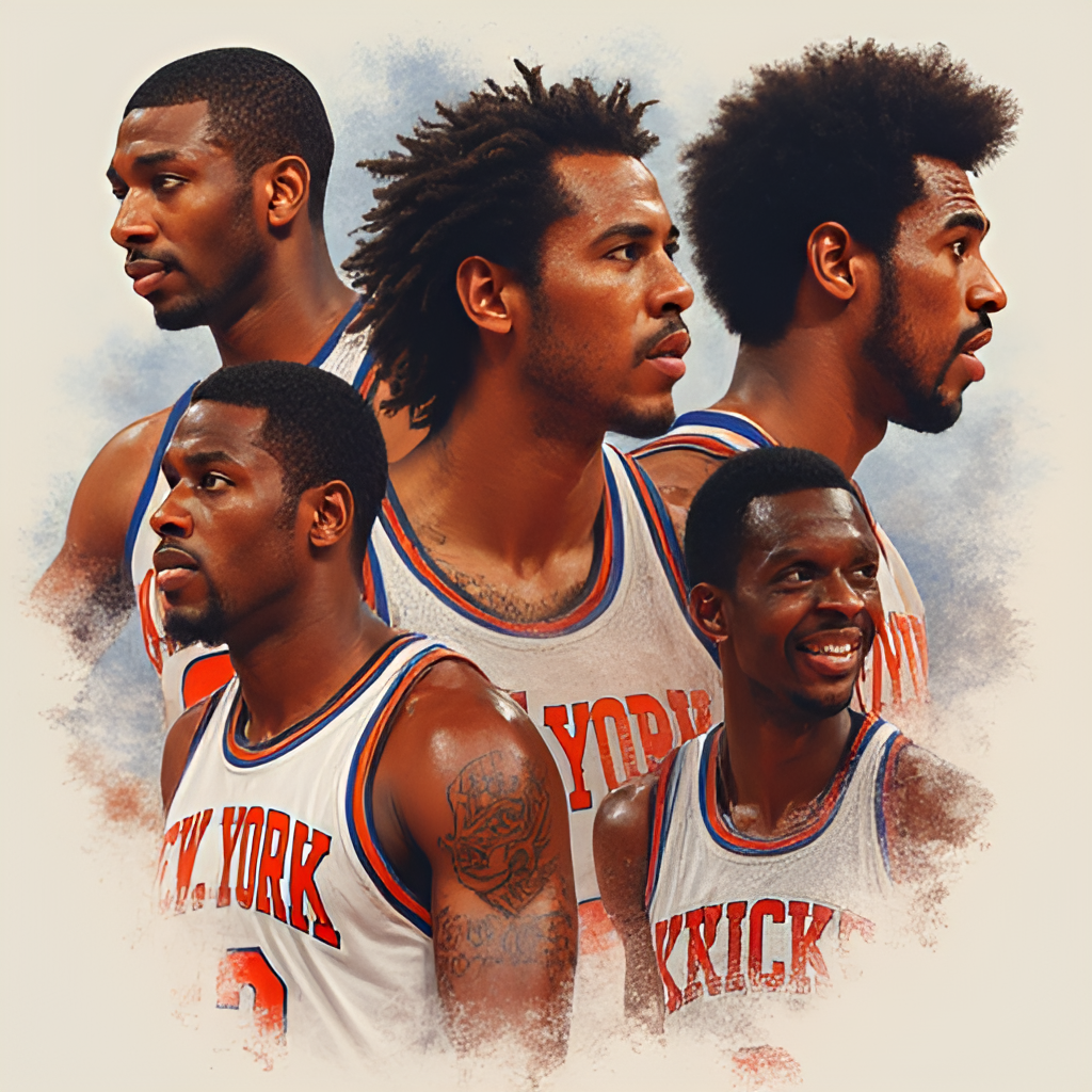A composite image featuring portraits of several New York Knicks legendary players from different eras, such as Willis Reed, Walt Frazier, Patrick Ewing, and Carmelo Anthony, arranged together to represent the team's rich history.