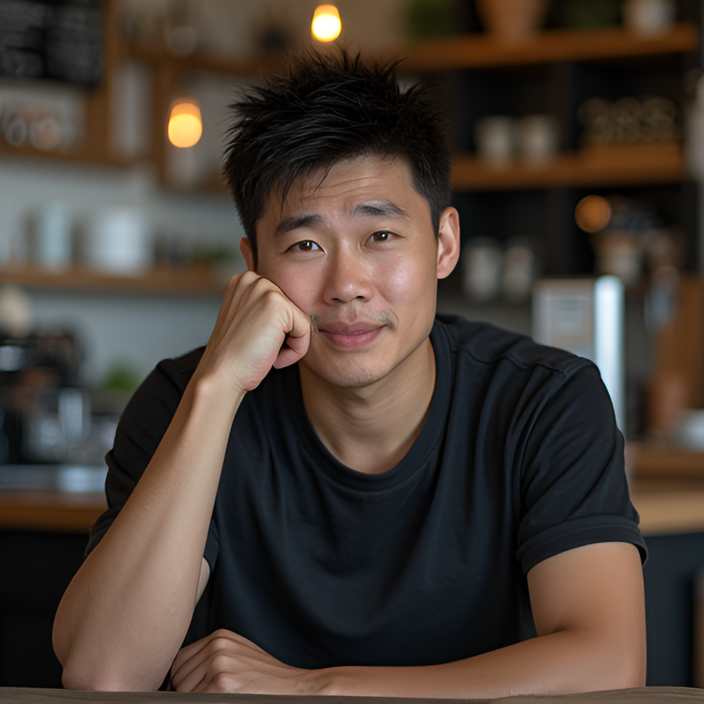 A portrait shot of JJ Lin in a casual setting, perhaps at his Miracle Coffee shop or JFJ Productions studio, looking relaxed and thoughtful, hinting at his life beyond the stage.