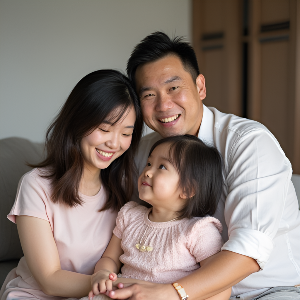 A heartwarming image of Wang Cho Lam with his wife Leanne Li and their two daughters, depicting a happy family moment in a modern home setting, highlighting their bond.