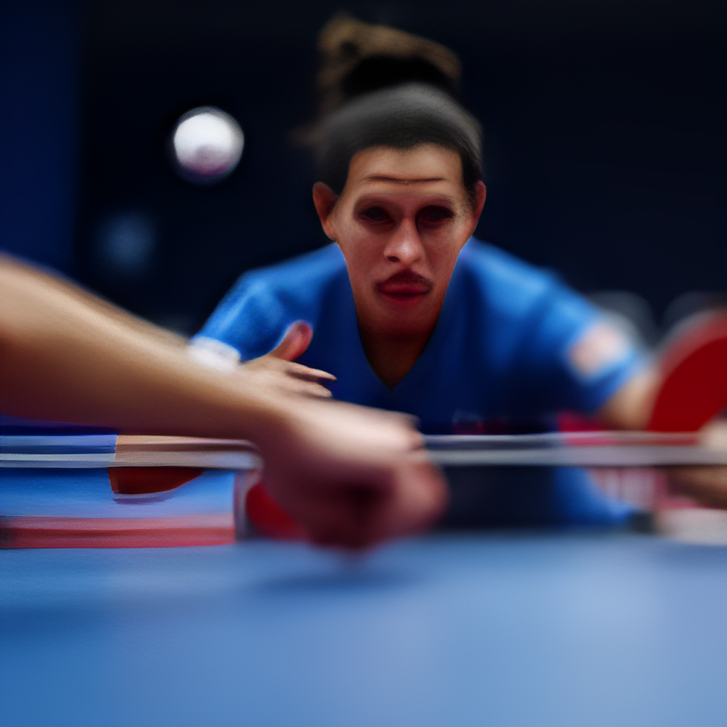 A close-up shot of a professional table tennis player making a powerful forehand shot during a match at the Doha World Championships, capturing the intensity and speed of the game, with motion blur on the ball. Sports photography style.