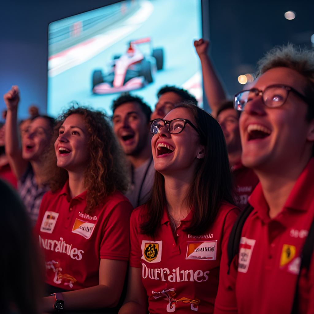 A diverse group of enthusiastic F1 fans in Hong Kong, watching a race together on a screen, celebrating a moment with excitement, perhaps with F1 merchandise visible.