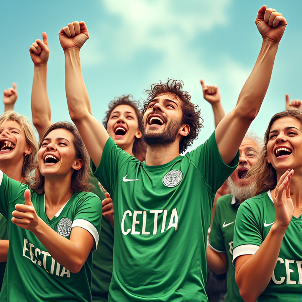 A photo illustration showing a diverse group of Celtic fans from different parts of the world cheering for the team, highlighting the club's global fanbase.