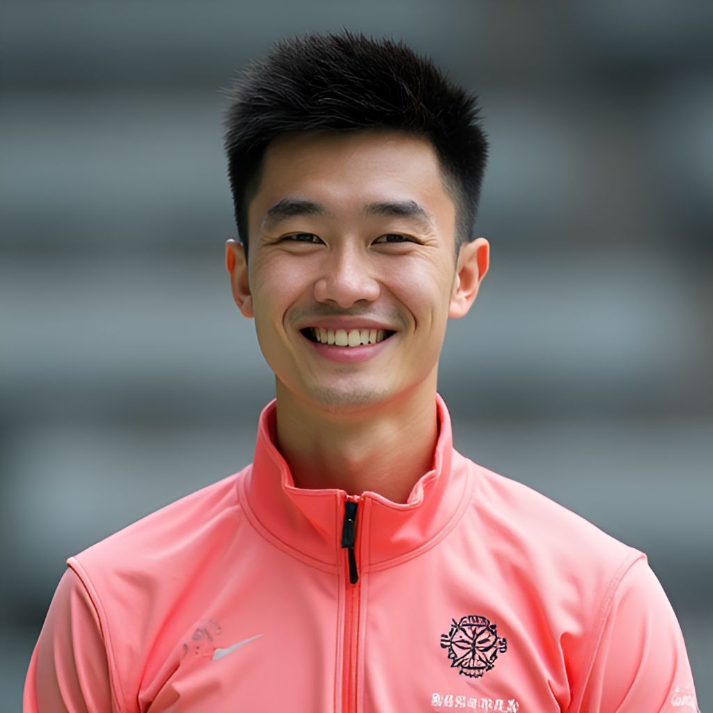 A portrait style image of Liang Jingkun off the court, smiling warmly, perhaps wearing a team tracksuit, conveying his 'sweet' nickname personality, against a neutral or slightly blurred background.