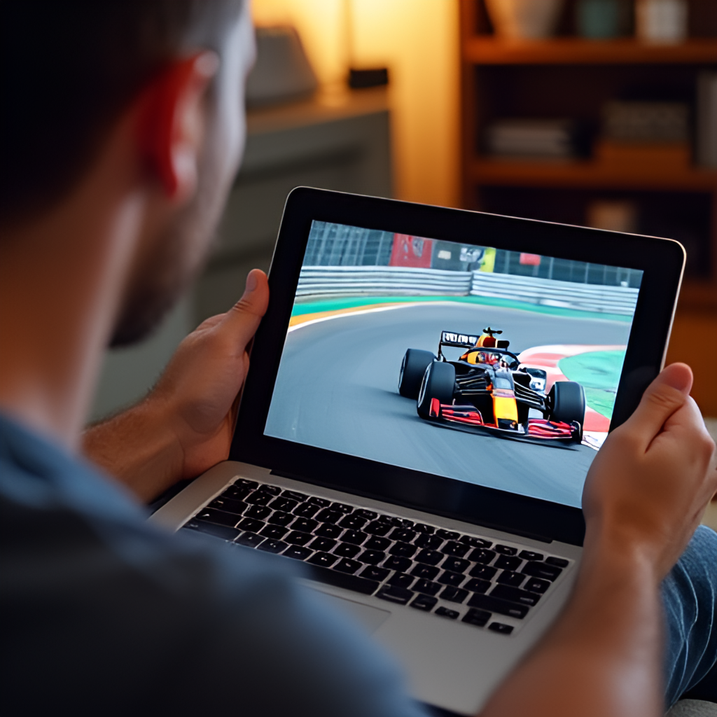 A person enthusiastically watching an F1 race on a tablet or laptop, with the race visible on the screen and possibly F1 merchandise or memorabilia in the blurred background, suggesting a home viewing setup.