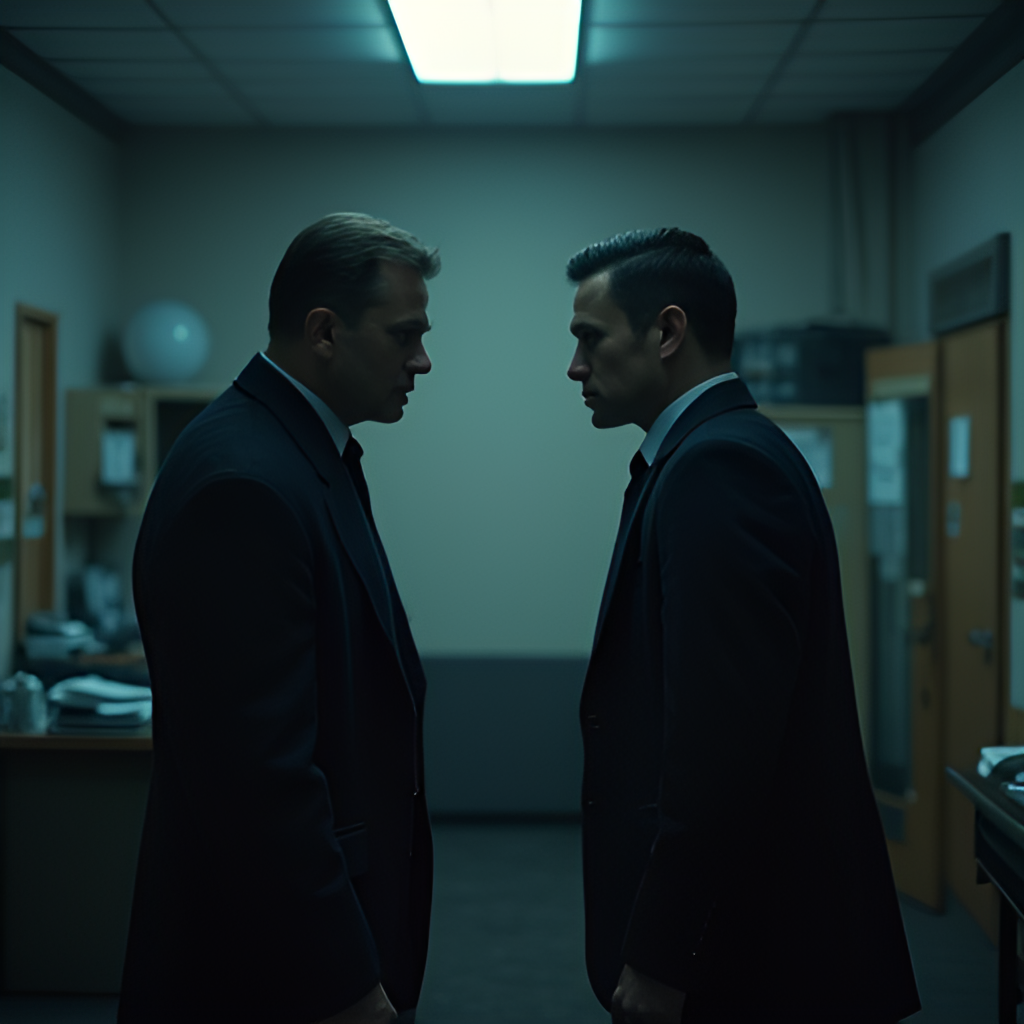 A scene depicting a tense confrontation between two detectives in a dimly lit police office, one looking weary and introspective, the other determined, symbolizing the internal struggles within the police force.