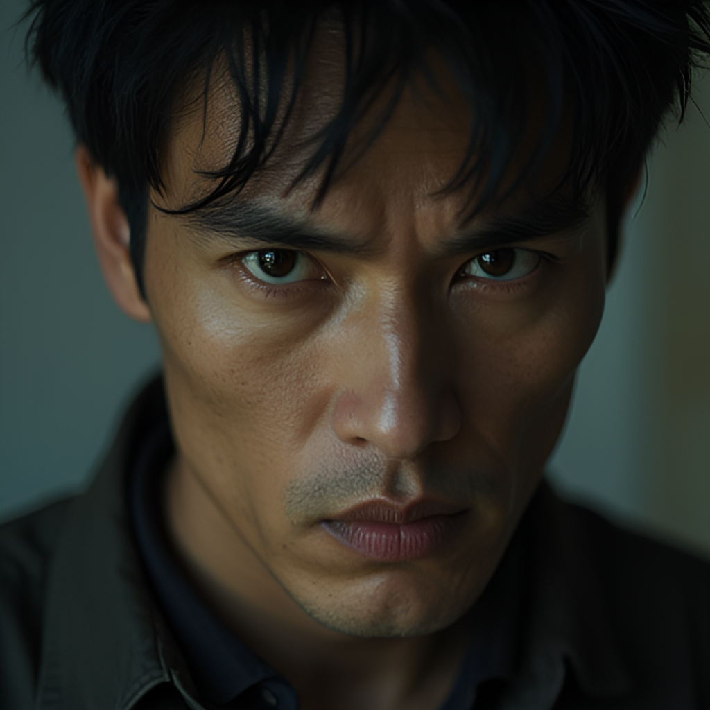 A striking portrait of Bowie Lam from the film 'In Broad Daylight', capturing the intensity and complexity of his character. The image should have a slightly dramatic, cinematic feel, perhaps focusing on his expressive eyes, highlighting his acclaimed recent performance.