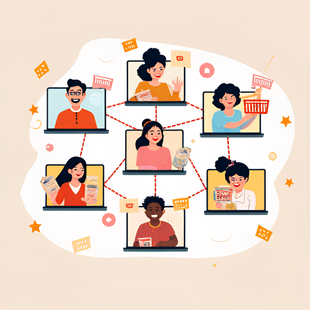 An image illustrating the concept of 'group buying' with several diverse people virtually connecting on screens, each with a shopping basket icon, symbolizing the Pinduoduo '拼單' feature for users in Hong Kong. Style: Vibrant, graphic illustration.