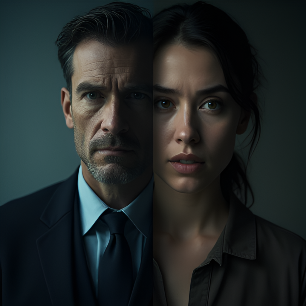 A split-screen image featuring two main characters from a crime drama. On one side, a serious-looking male detective in a suit. On the other side, a contemplative female character (perhaps a psychologist), with a slightly mysterious expression. The overall style should convey tension and depth.