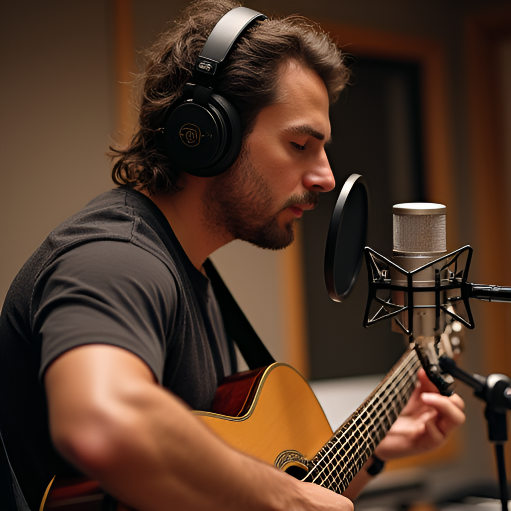 A candid shot of Tyson Yoshi in a recording studio, working on music, perhaps showing him with headphones or in front of a microphone, capturing his dedication to his craft.