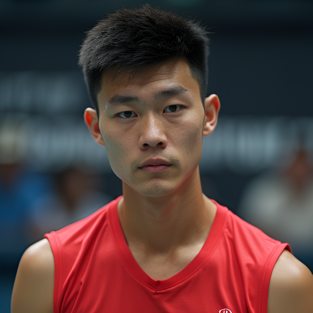 A portrait of Fan Zhendong looking determined and focused, perhaps during a training session or a quiet moment off-court, conveying his mental strength and dedication to the sport.