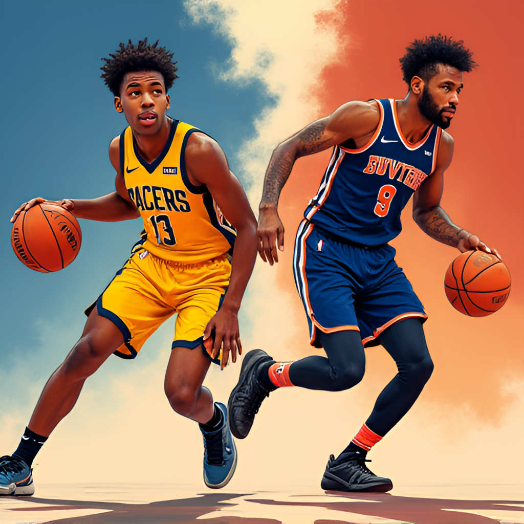 A modern, stylized photo illustration showcasing the intense point guard matchup between Tyrese Haliburton of the Pacers and Jalen Brunson of the Knicks, highlighting their respective team colors and focused expressions.