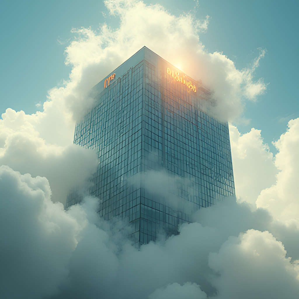 A conceptual image illustrating recent challenges for a major firm, possibly showing a large building (representing PwC) with some turbulent clouds around it, while other parts are bright and stable, symbolizing resilience and focused resources. Style: Semi-abstract, metaphorical.