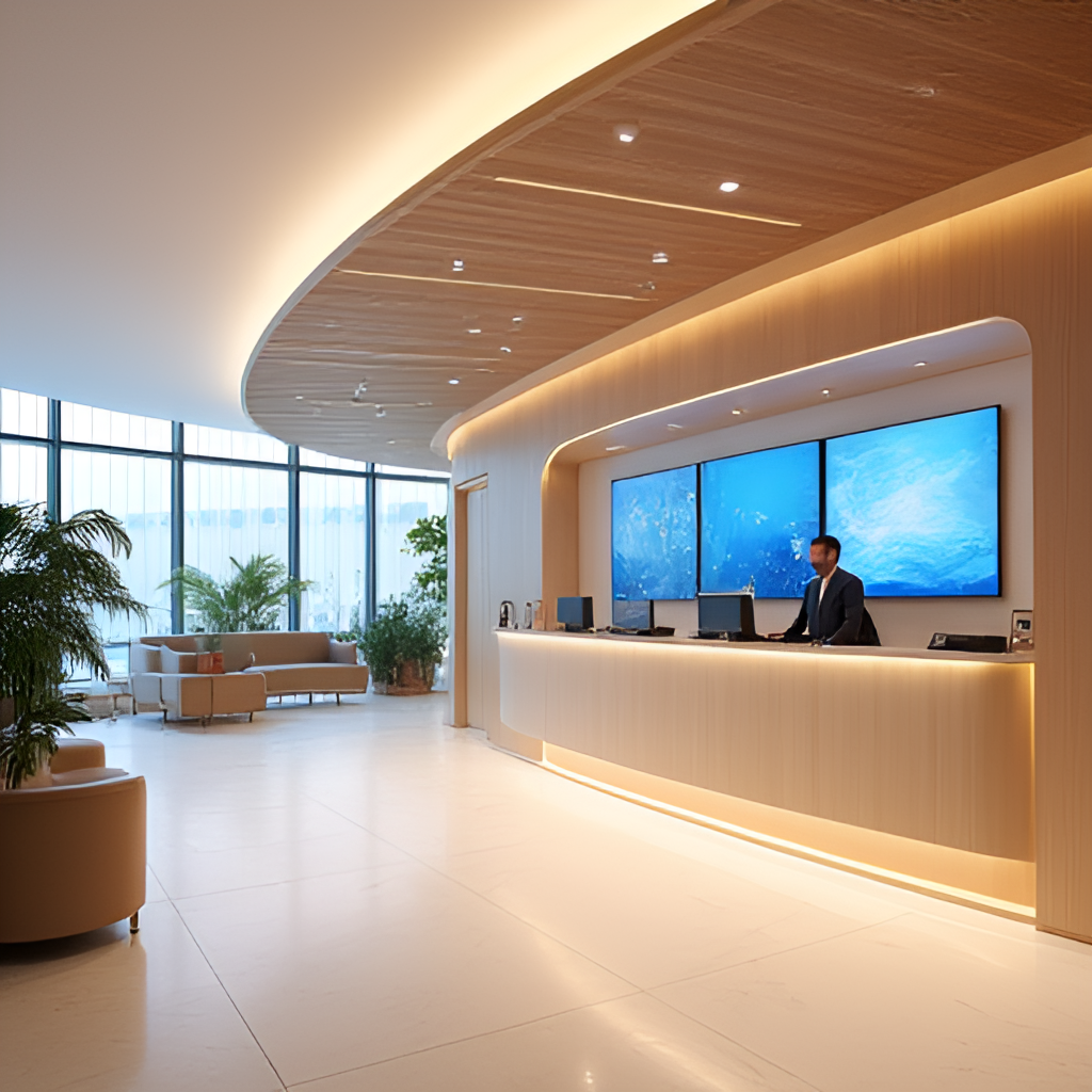 A modern, bright and welcoming bank lobby with self-service machines and comfortable seating areas, depicting the digital transformation of a bank branch in Hong Kong
