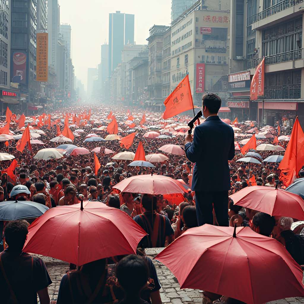 A collage image showing key moments in Hong Kong's recent history related to activism: a large peaceful protest crowd, someone speaking into a microphone on a stage, and people holding umbrellas, creatively blended together. The focus is on the collective energy and historical significance.