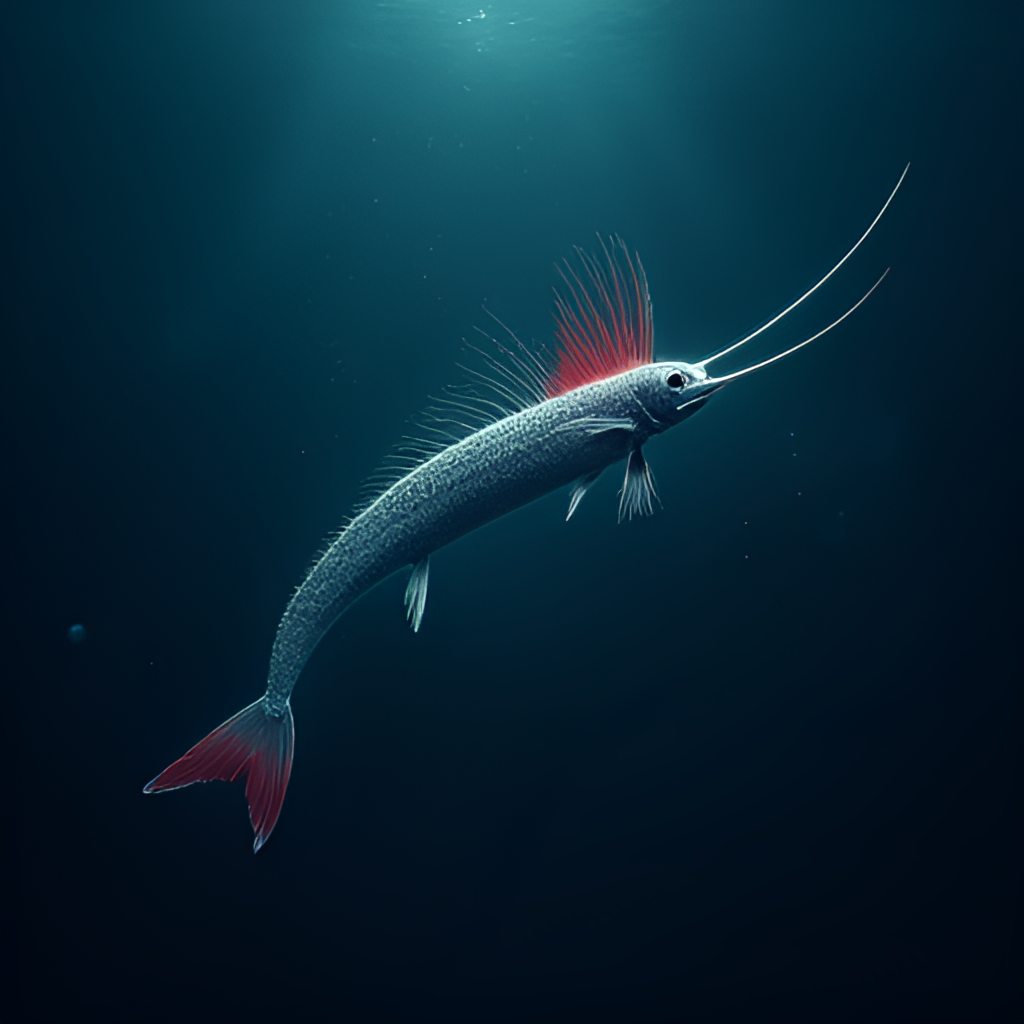 A realistic digital illustration of a long, silver, ribbon-like Oarfish (Regalecus glesne) swimming vertically in a dark deep-sea environment, with its red dorsal fin undulating. Bioluminescent plankton glows faintly around it.