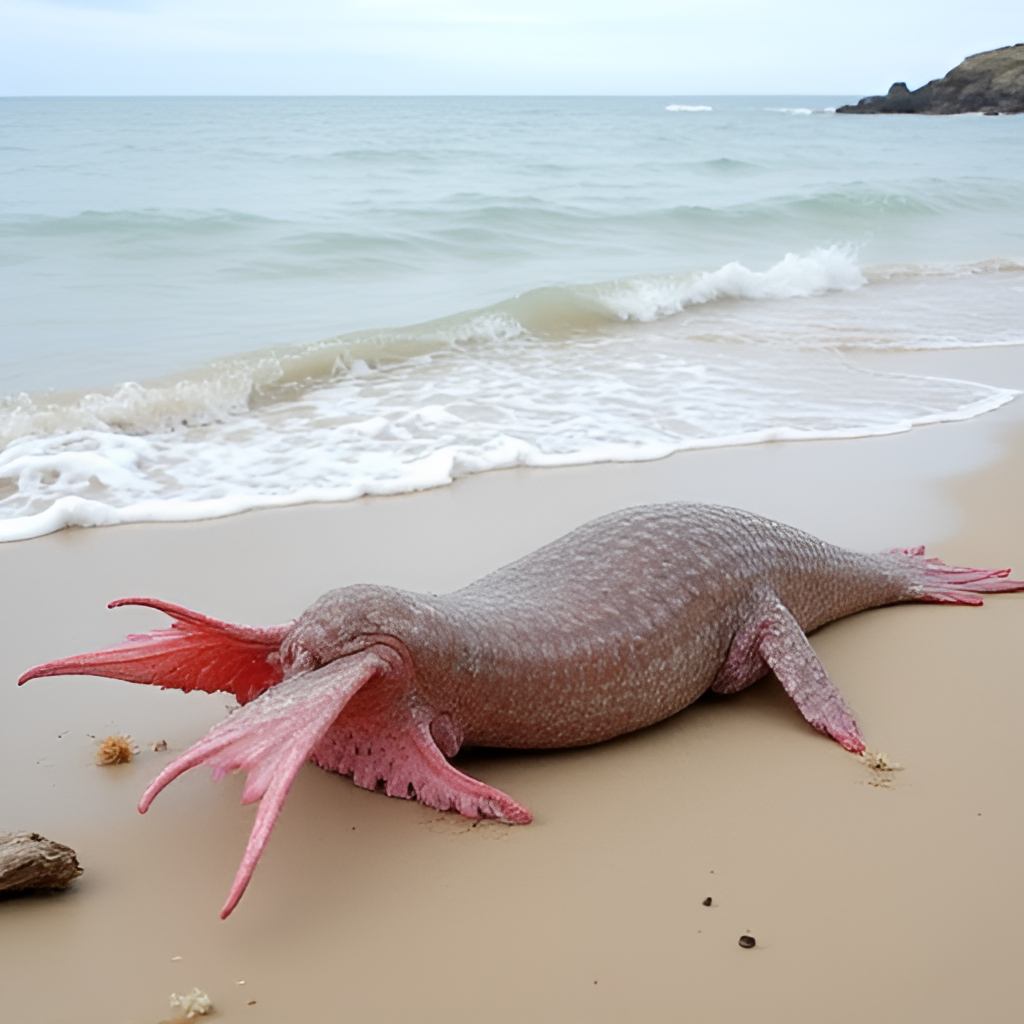 A photograph of a beached Oarfish on a sandy shore, showing its elongated body and red fins, with gentle waves in the background. The fish appears large compared to some debris on the beach.