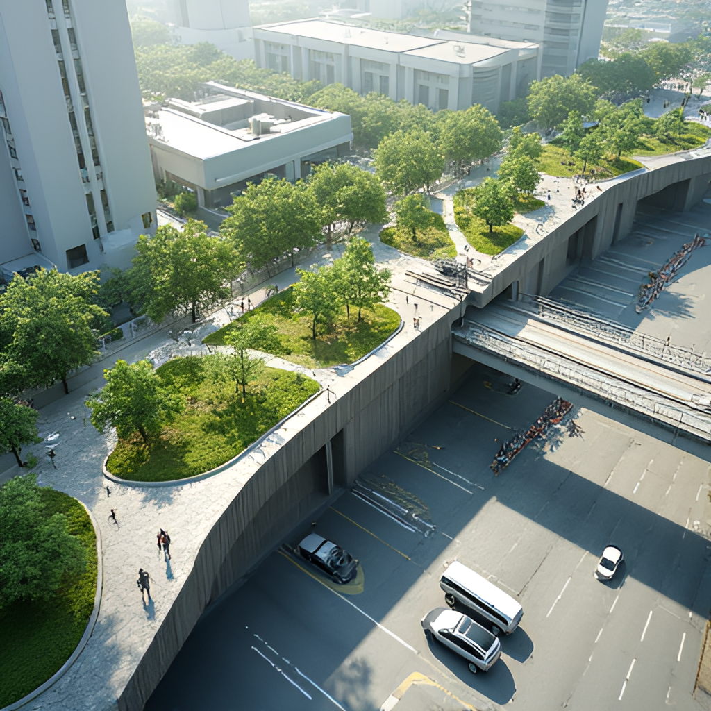 An aerial photo or rendering showing the completed landscaped deck area above the Central Kowloon Route's western tunnel exit in Yau Ma Tei, connecting to the West Kowloon Station area, with green spaces and pedestrian paths visible.