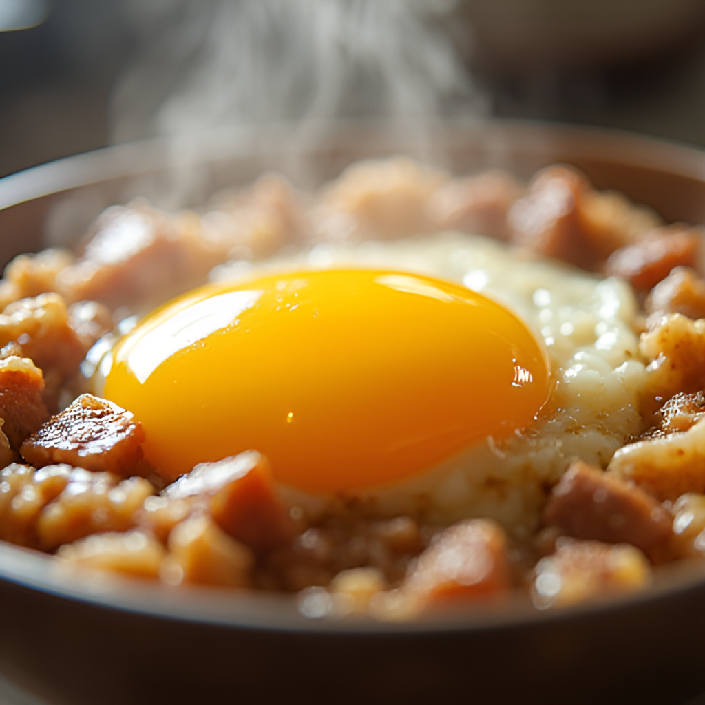 A close-up shot of a plate of steaming hot egg and minced beef rice (窩蛋免治牛肉飯) from a Hong Kong tea restaurant, with a runny egg yolk in the center, ready to be mixed into the rice and minced beef. The dish should look delicious and comforting.
