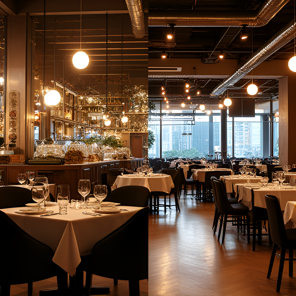 A split image showing two contrasting scenes: one side depicting a bustling, full restaurant dining area, and the other side showing an empty or closed restaurant space, symbolizing the challenges and recent closures faced by the Hong Kong F&B industry.
