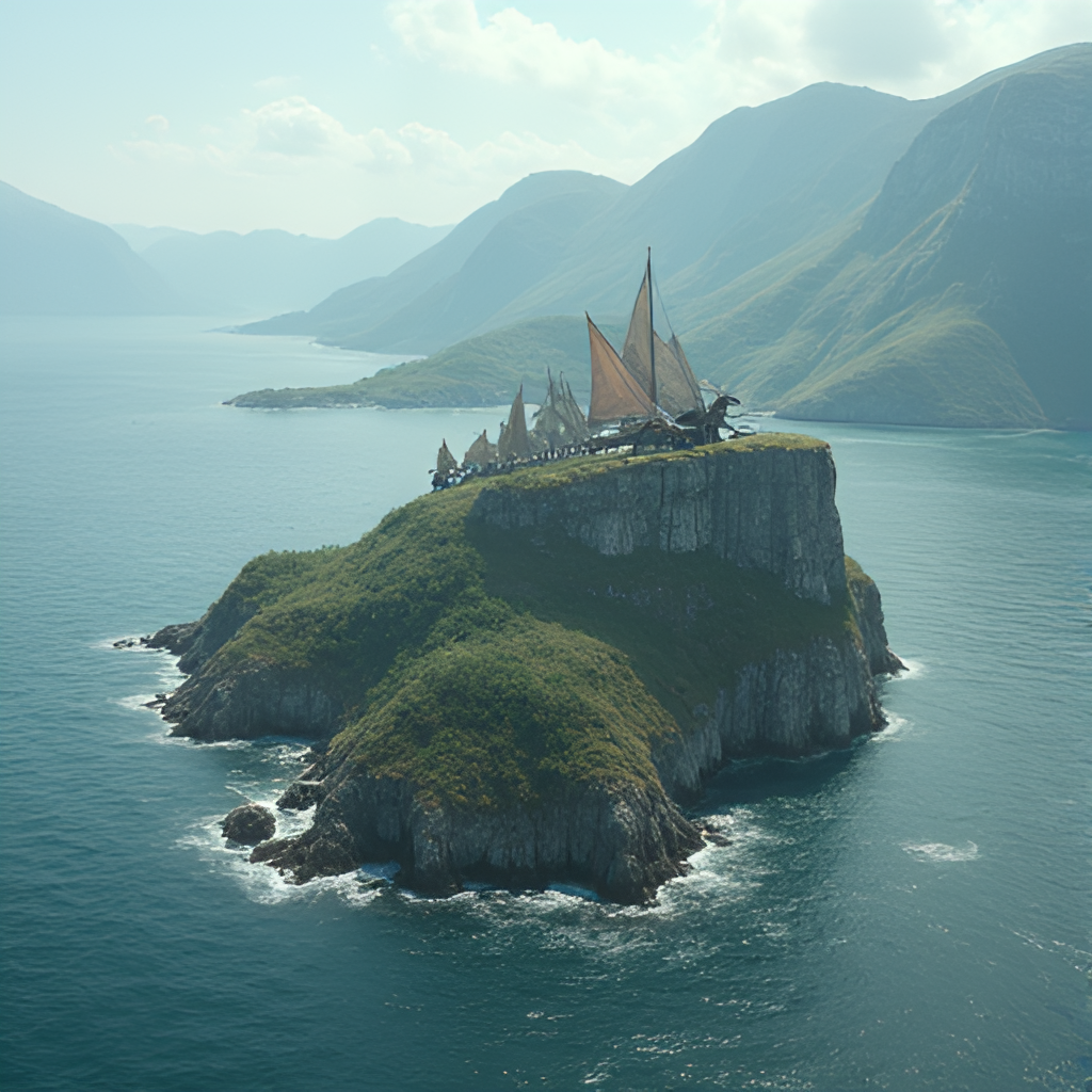 A panoramic shot illustrating Vikings riding various types of dragons soaring over the island of Berk, showcasing the peaceful cohabitation of humans and dragons against a backdrop of fjords and mountains.