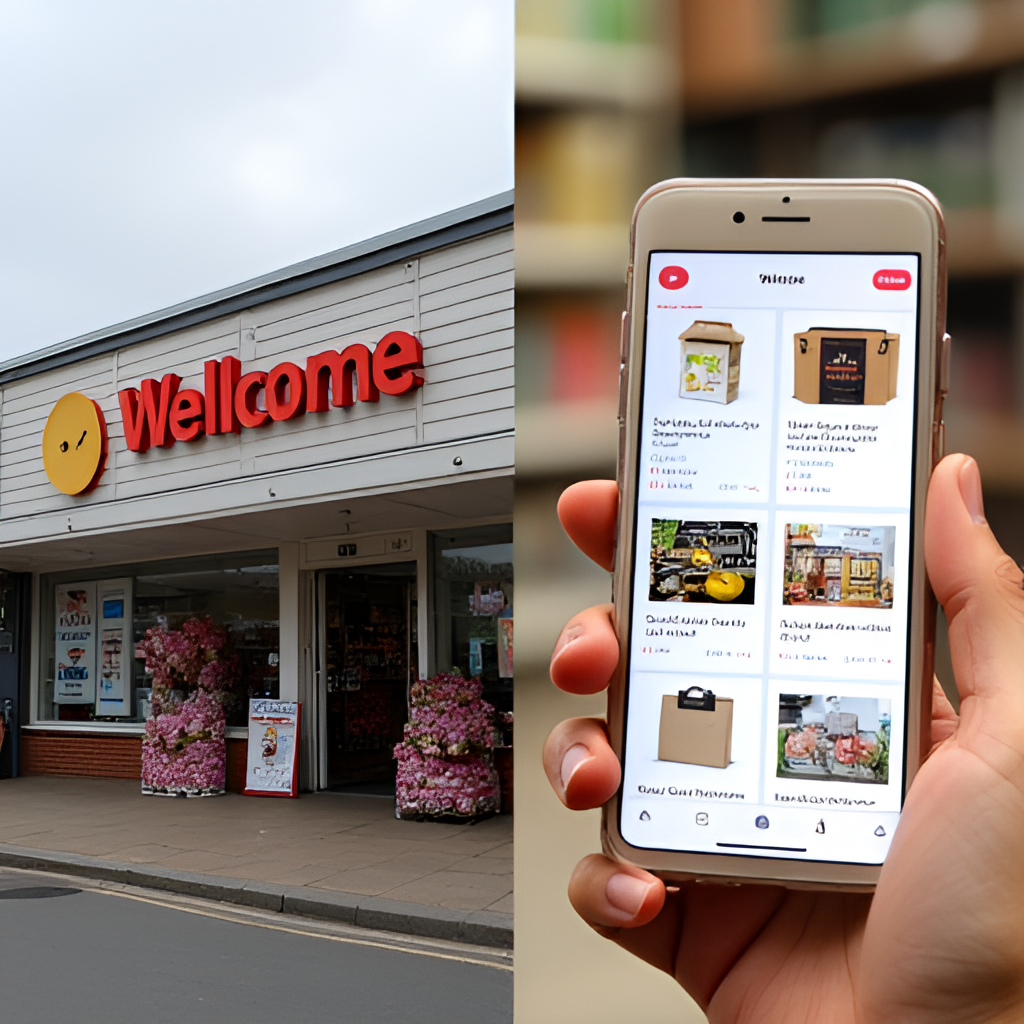 A split image or collage showing a traditional Wellcome supermarket exterior from the past next to a screenshot of the modern Wellcome online store interface on a mobile phone.