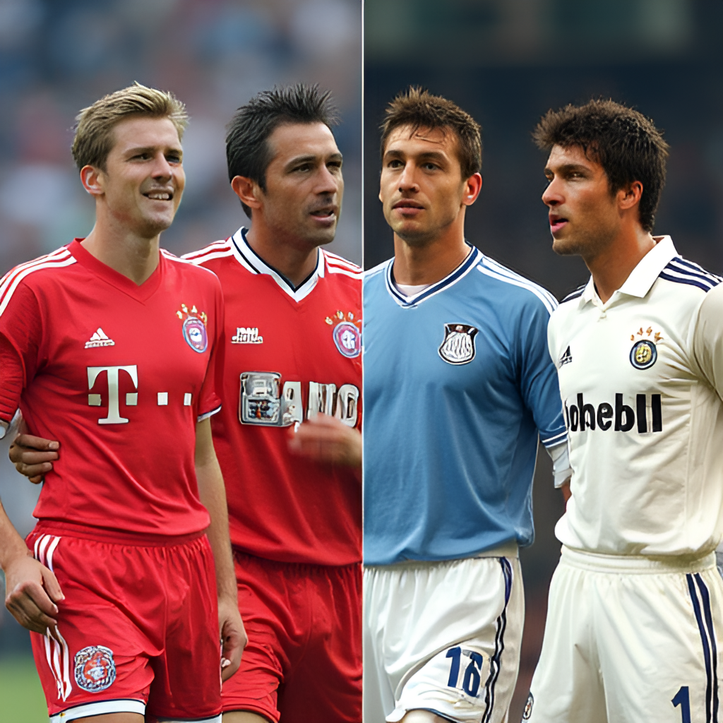 A collage image featuring iconic legendary players from both Bayern Munich (e.g., Beckenbauer, Müller, Kahn) and Boca Juniors (e.g., Maradona, Riquelme, Palermo) side by side, representing the rich history and star power of both clubs.