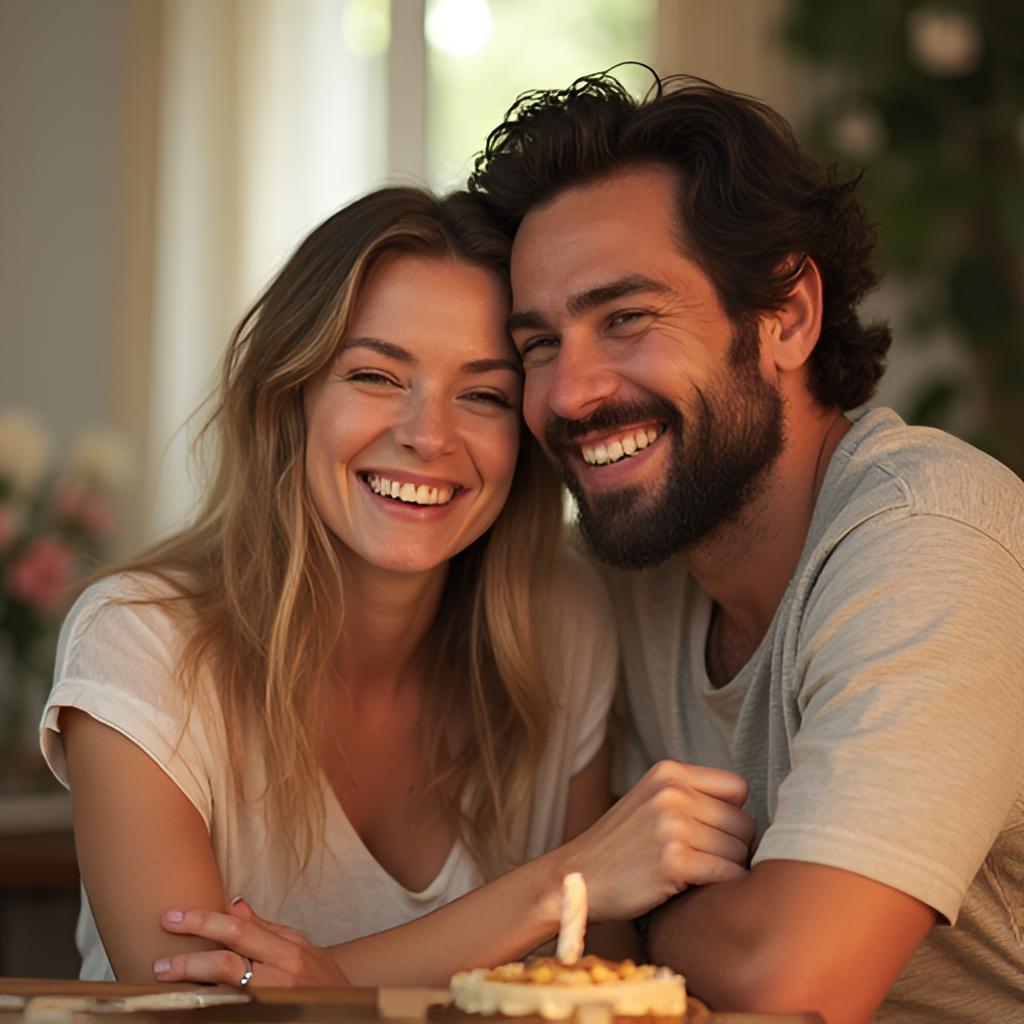 A warm, realistic image of a couple smiling together in a relaxed setting, perhaps during a simple celebration or quiet moment, symbolizing stable and happy relationship.