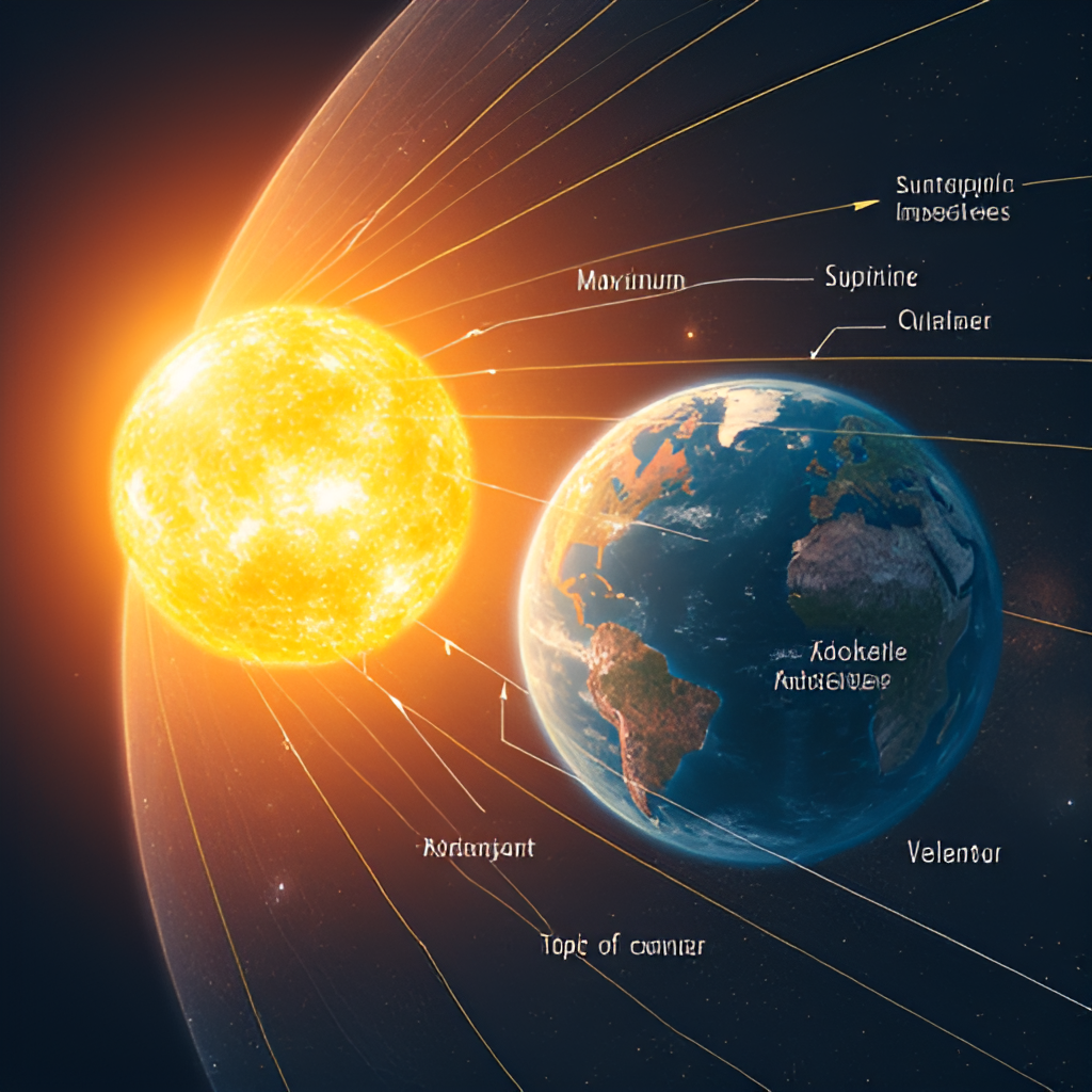 An illustration depicting the Earth's tilt relative to the sun, highlighting the Northern Hemisphere receiving maximum sunlight on the Summer Solstice, with rays reaching the Tropic of Cancer. Style: Scientific illustration with clear labels.