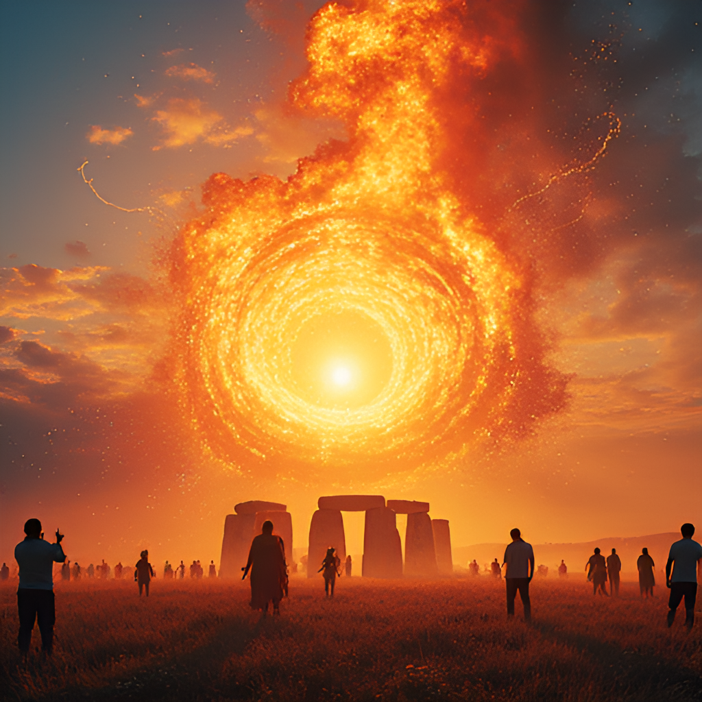 A vibrant photo montage showing various global Summer Solstice celebrations: a large bonfire and people dancing in a Nordic landscape, people watching the sunrise at Stonehenge, and perhaps a simple family meal scene related to Summer Solstice customs in Asia.