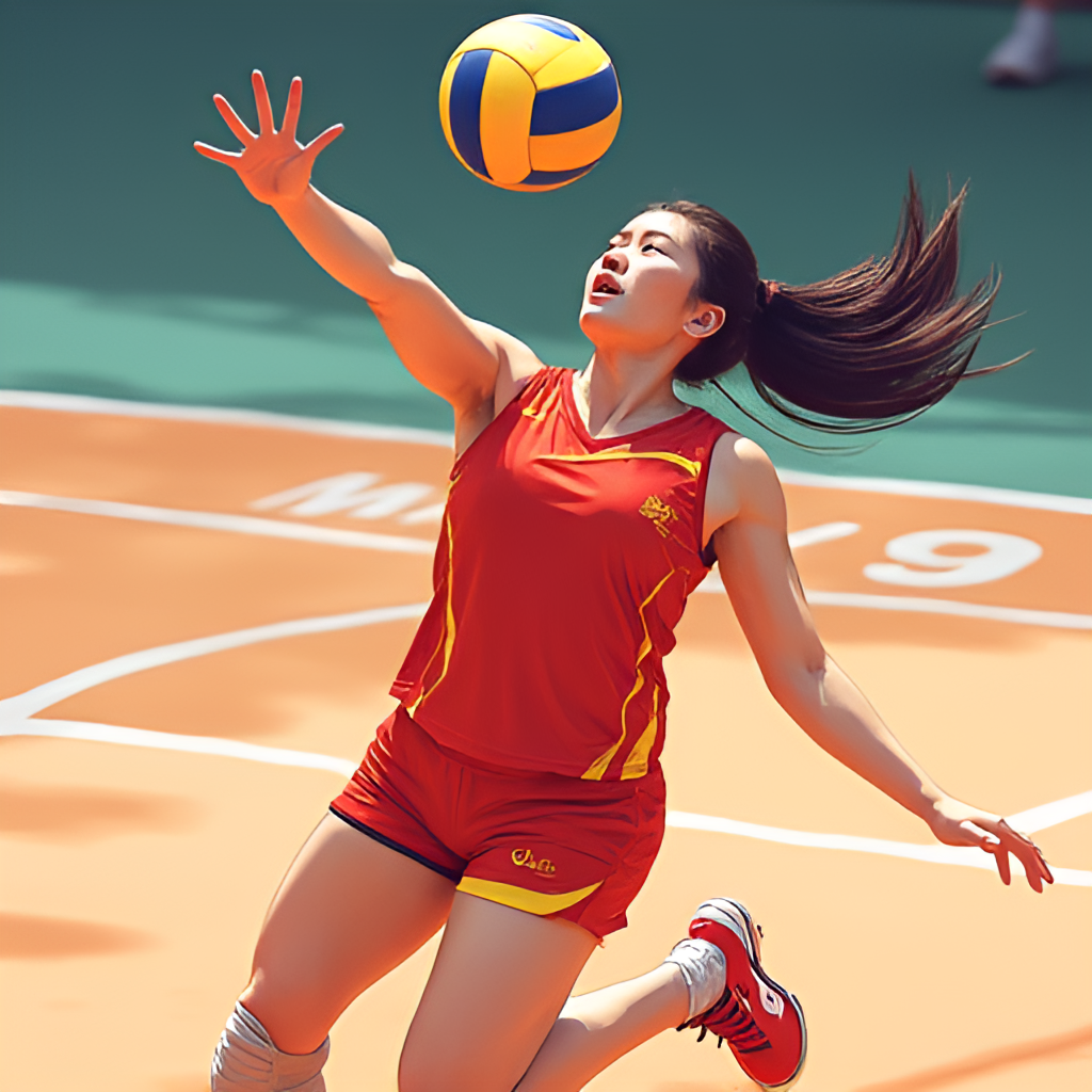A dynamic action shot illustration of a current Chinese Women's Volleyball player spiking the ball during a match, showing power and determination, with a modern sports photography style