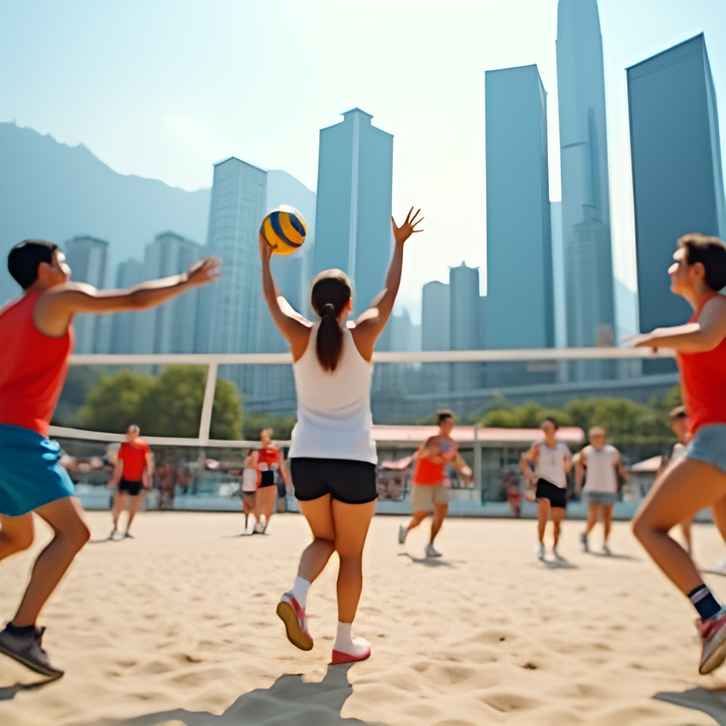 An energetic, wide-angle shot of people of various ages playing volleyball on an outdoor court in Hong Kong, with recognizable city skyline elements in the blurred background, conveying a sense of community and sport.