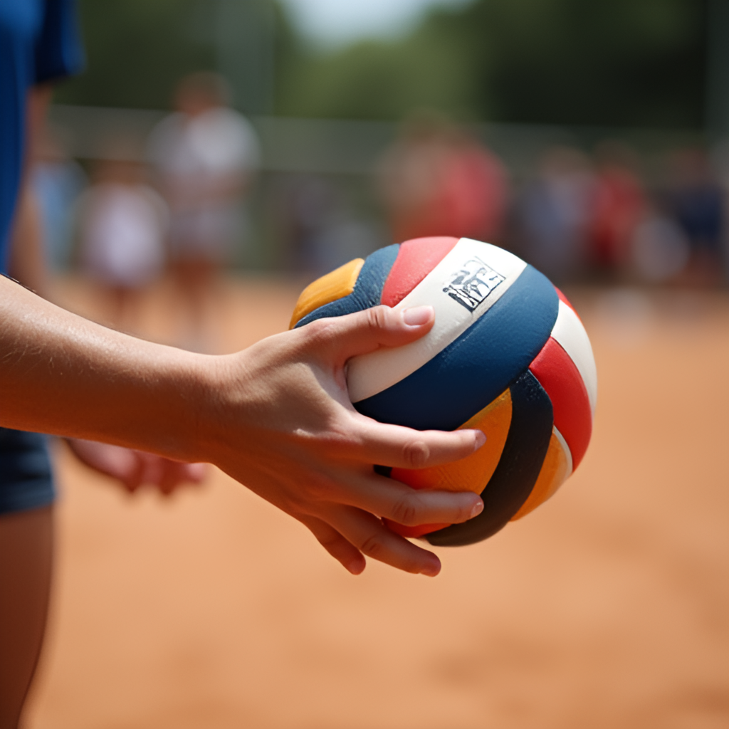 A close-up action shot focusing on a player's hands performing an accurate forearm pass (垫球) during a volleyball game, showing proper technique and focus.