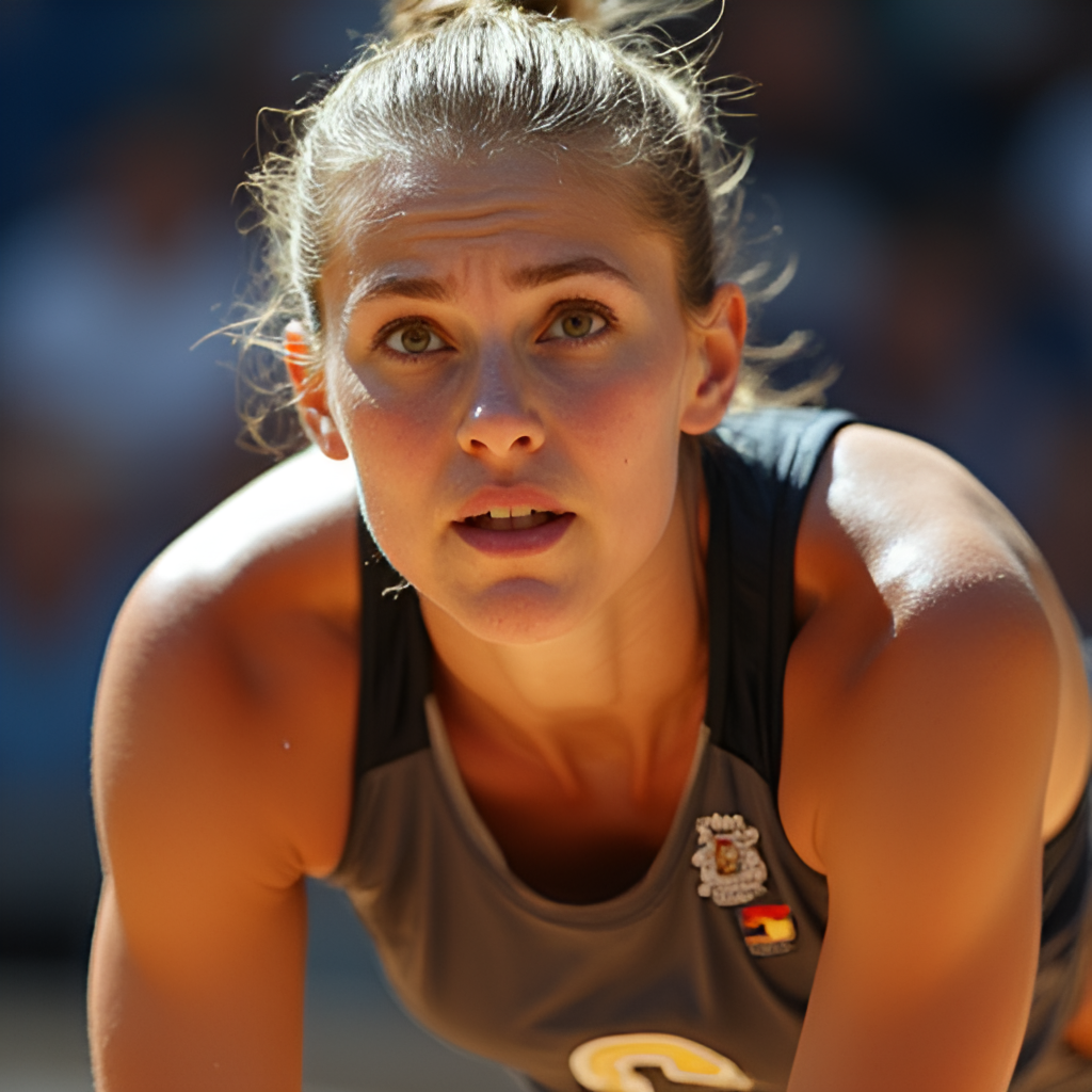 A close-up, dynamic shot of a volleyball player, mid-action, perhaps serving, spiking, or digging. Sweat is visible, showing the intensity of the effort. The background is blurred to focus on the player's determination and athleticism. Capture the power and focus of a VNL athlete.