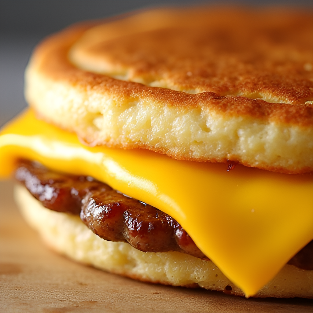 A close-up shot of a Sausage, Egg, and Cheese McGriddle sandwich, showing the texture of the maple griddle cakes, the egg, cheese, and sausage patty.