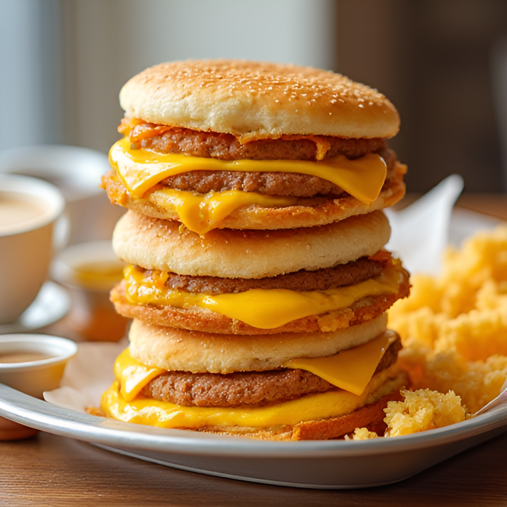 A stack of several McGriddle sandwiches (various types) on a tray with a side of hash browns and coffee, depicted in a bright, appealing fast-food setting.