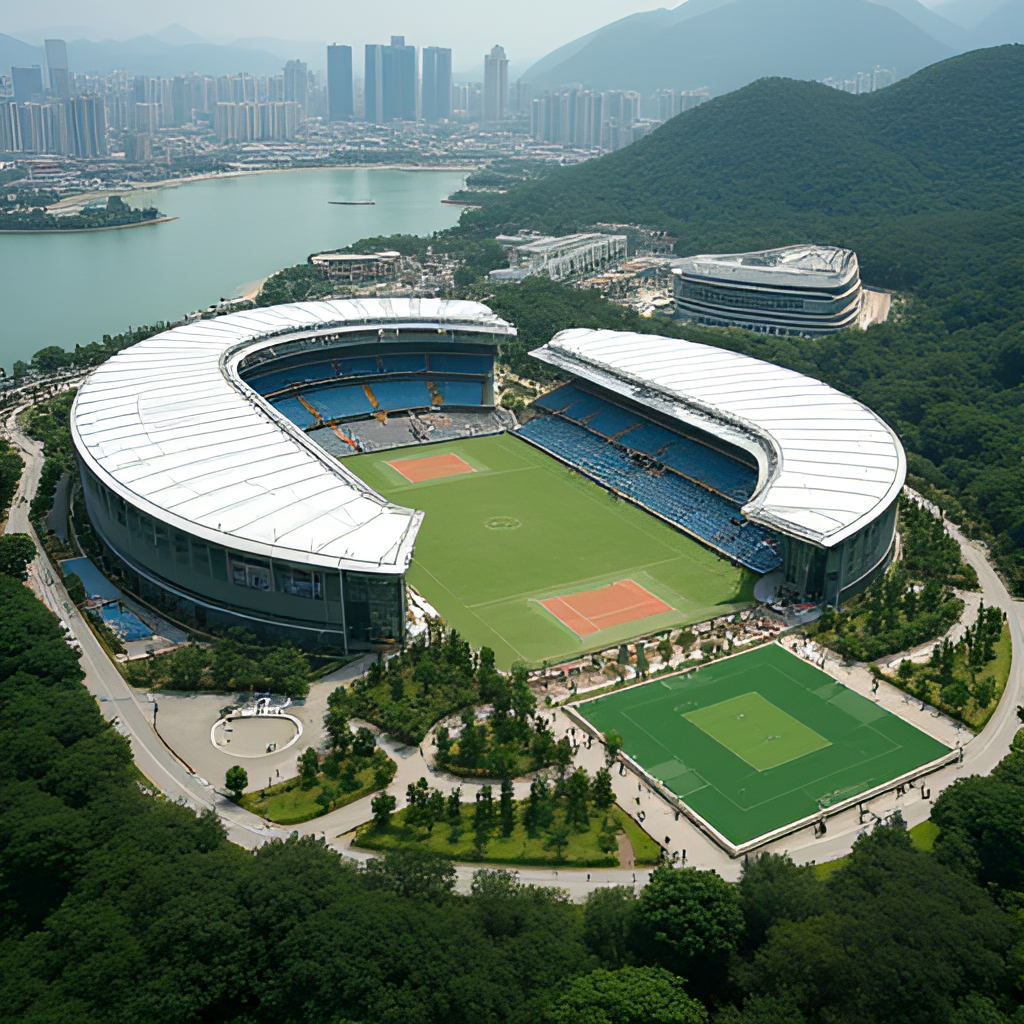 An aerial view of the Kai Tak Sports Park in Hong Kong, showcasing the main stadium with its retractable roof, the indoor sports center, and the public sports ground, surrounded by green spaces and connecting pathways.