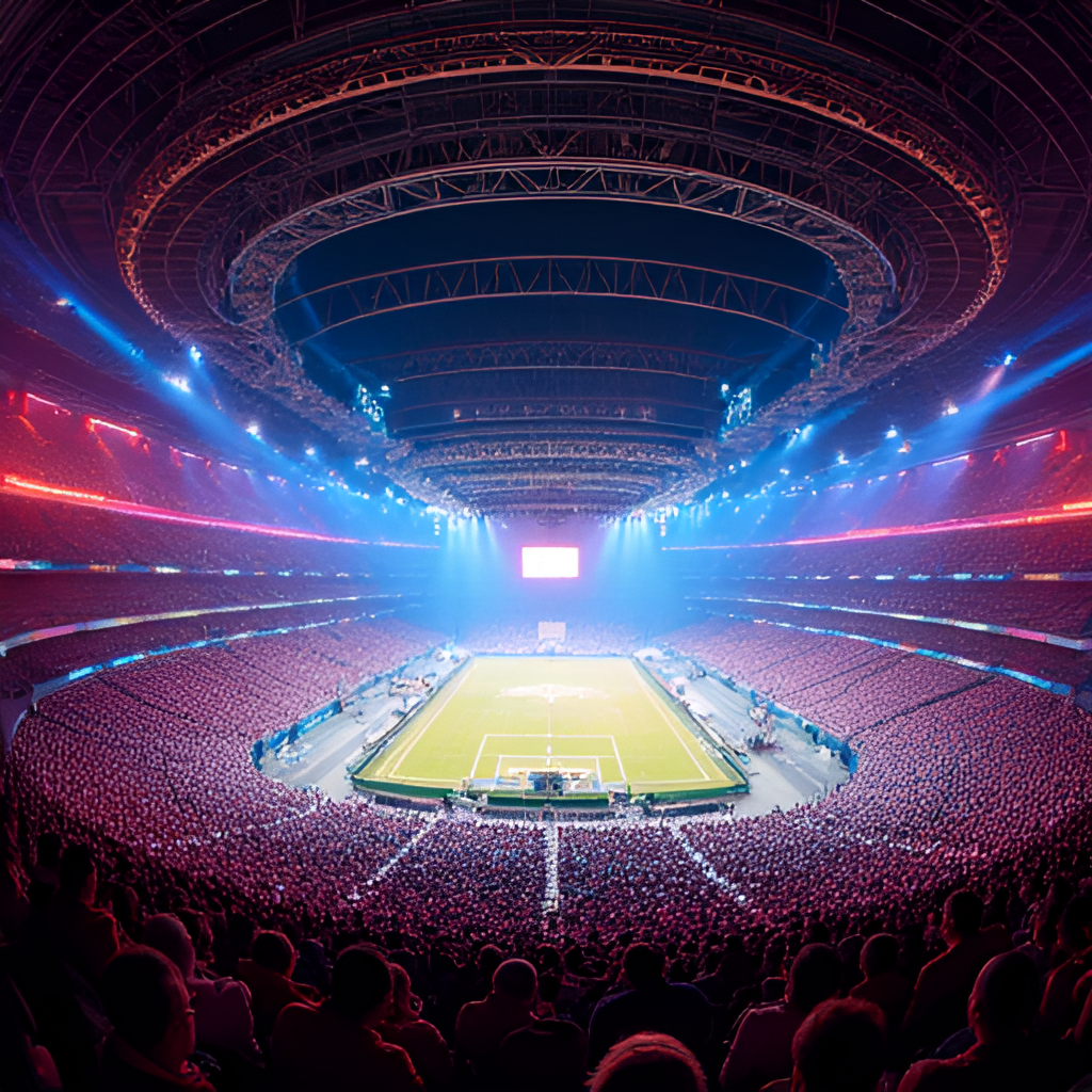 A vibrant, dynamic photo of the interior of the Kai Tak Main Stadium during a major event, showing a packed crowd, the colorful seating design, and the illuminated field or stage.