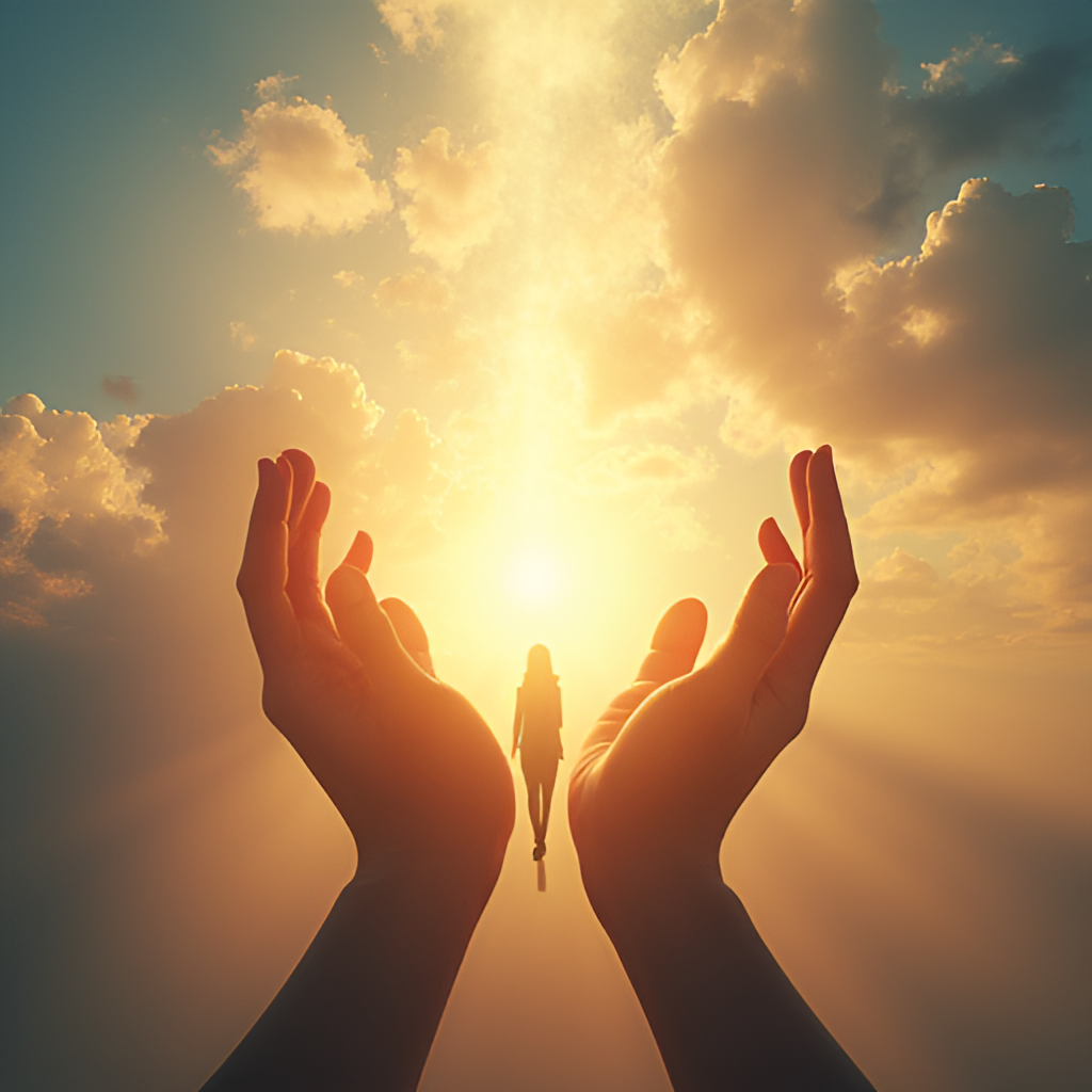 An artistic rendering symbolizing recovery and hope, potentially showing hands reaching towards light or a person walking towards a bright horizon, reflecting Wendy Ng's journey of 'rebirth'.