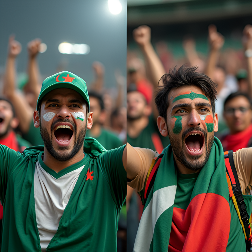 A split image showing enthusiastic cricket fans from both Pakistan and Bangladesh cheering in a stadium, with flags and face paint, emphasizing the passionate fan culture.